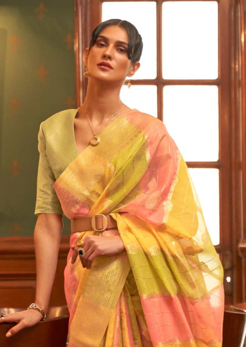 Yellow Organza Sequins Value Added Saree