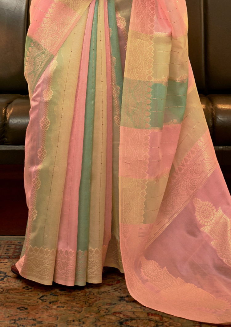 Pink Organza Sequins Value Added Saree