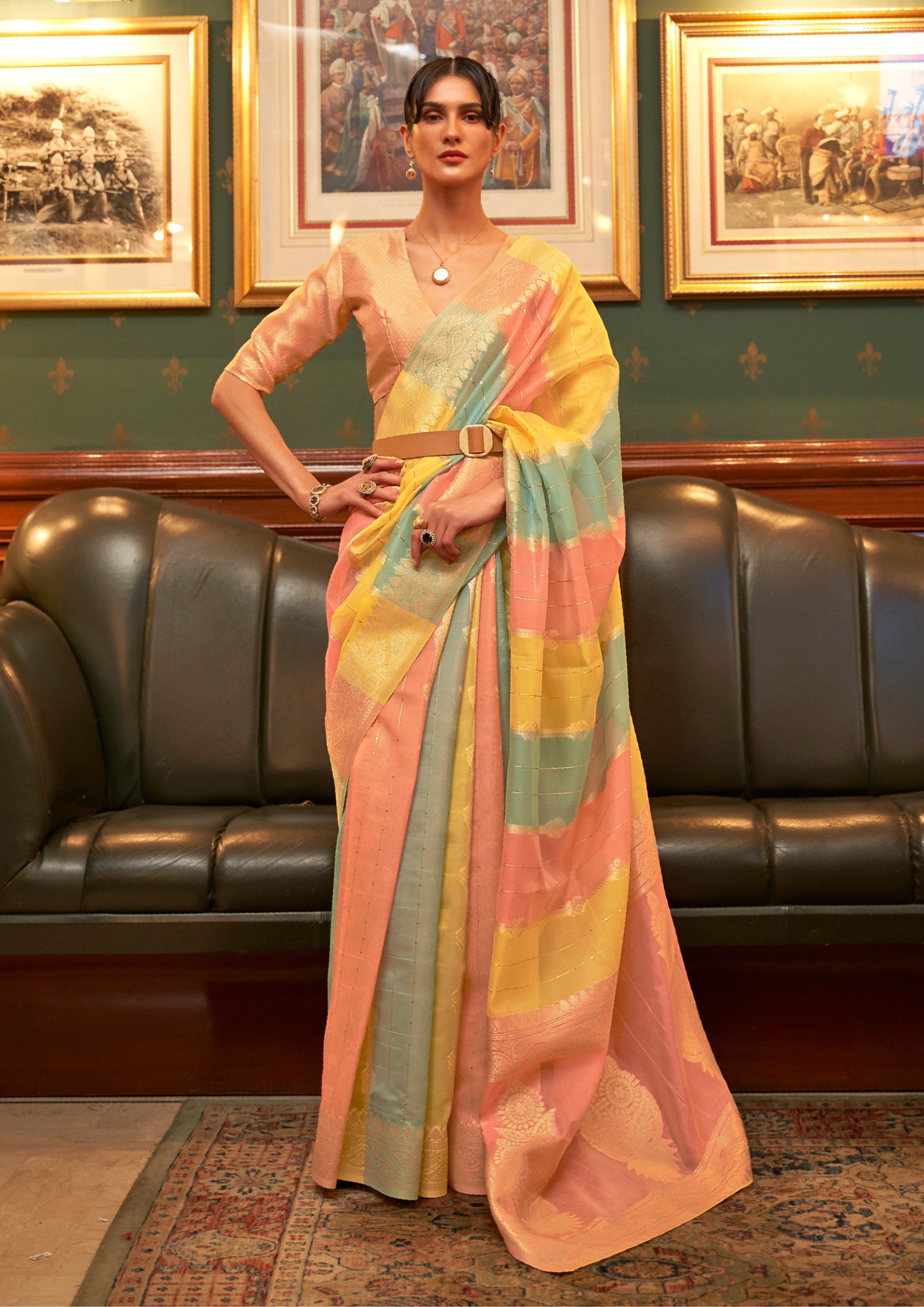 Peach Organza Sequins Value Added Saree