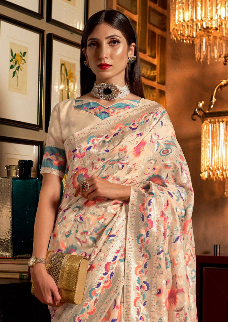 Beige Pashmina Modal Silk Handloom Saree