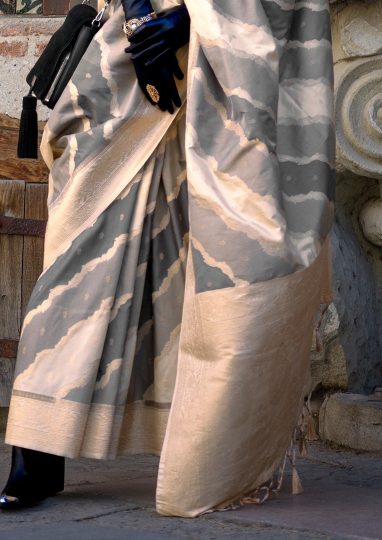 Gold and Grey Rangkaat Handwoven soft silk Saree