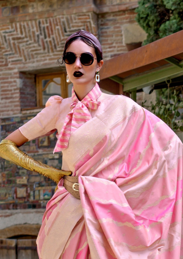 Pink and Gold Rangkaat Handwoven soft silk Saree