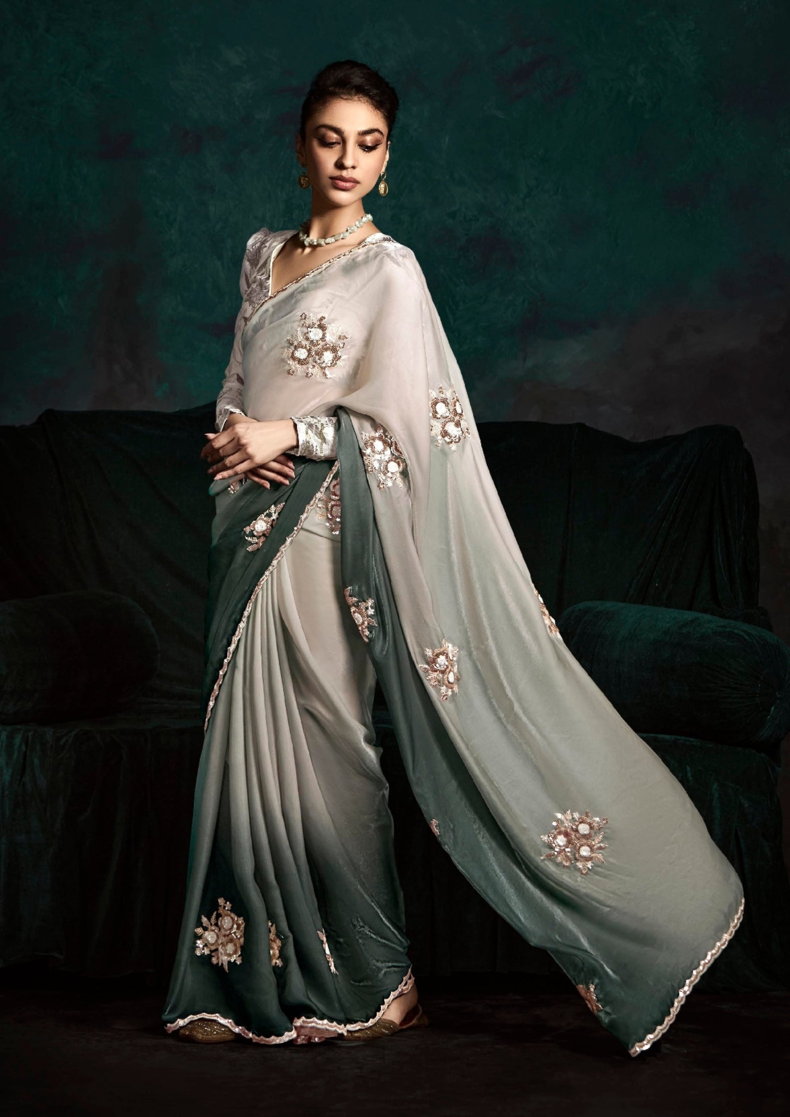 Sage Green Crushed Tissue Embroidered Border And Tassels Saree With Designer Blouse