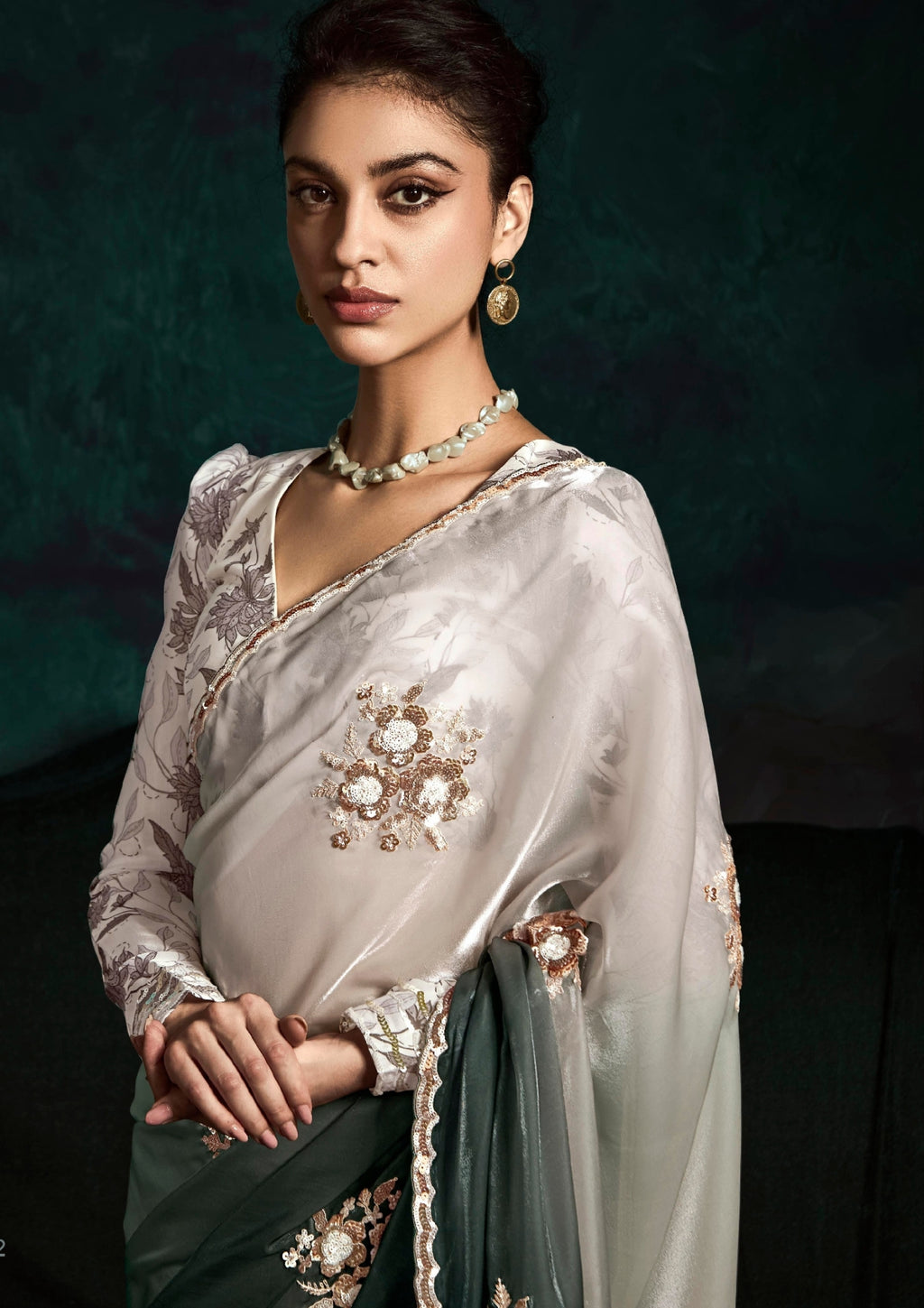 Sage Green Crushed Tissue Embroidered Border And Tassels Saree With Designer Blouse