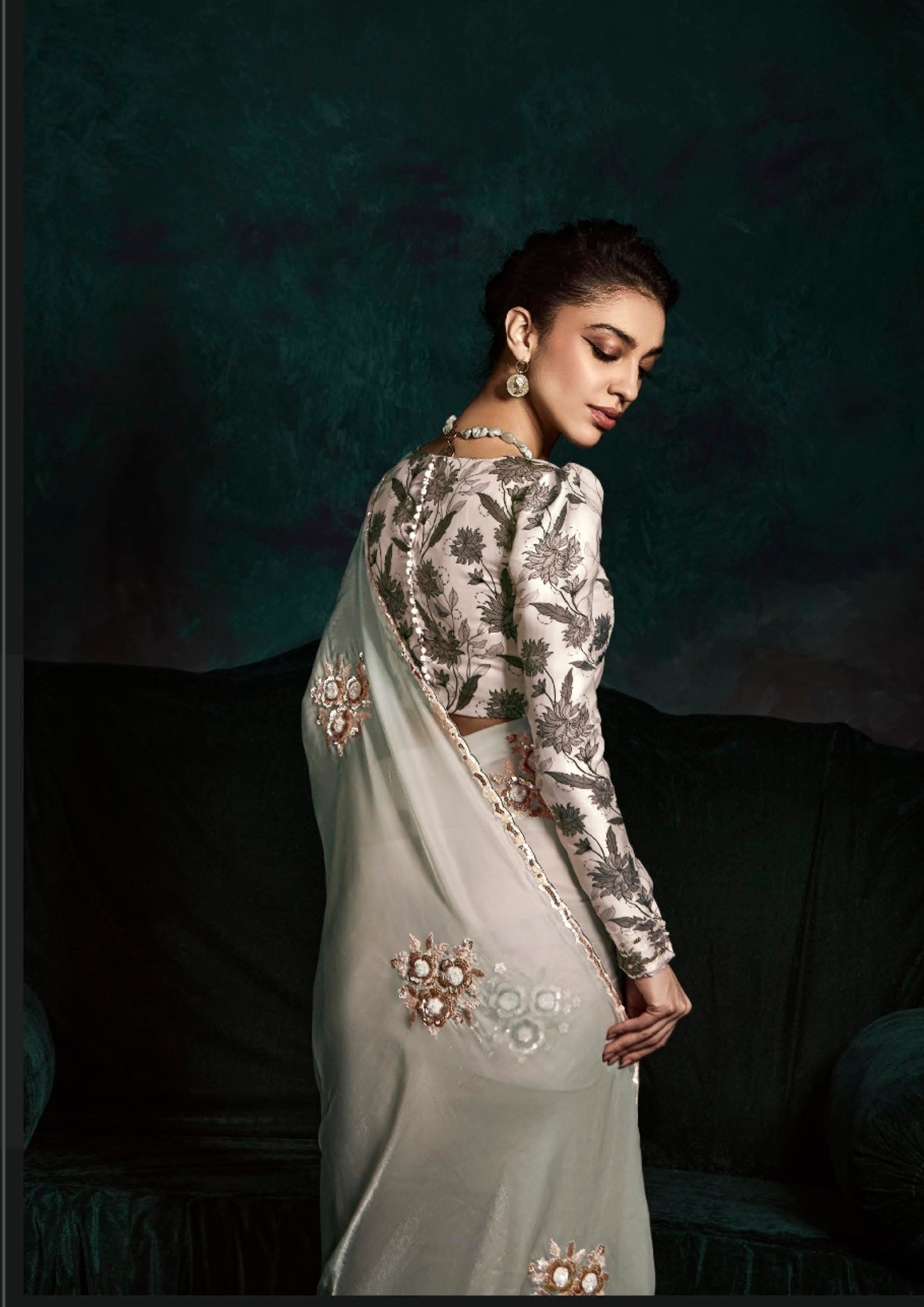 Sage Green Crushed Tissue Embroidered Border And Tassels Saree With Designer Blouse