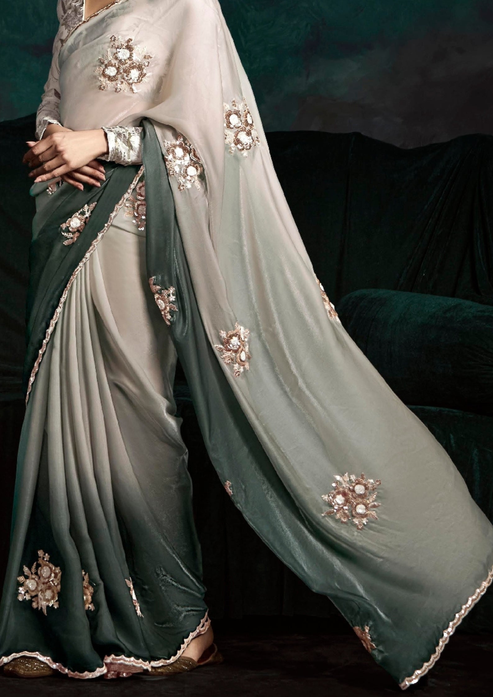 Sage Green Crushed Tissue Embroidered Border And Tassels Saree With Designer Blouse