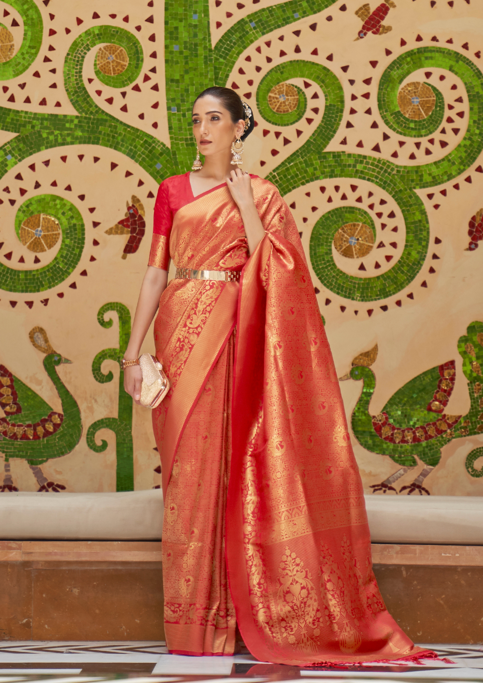 Elegant Orange Silk Handloom weaving saree