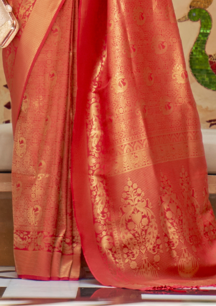 Elegant Orange Silk Handloom weaving saree