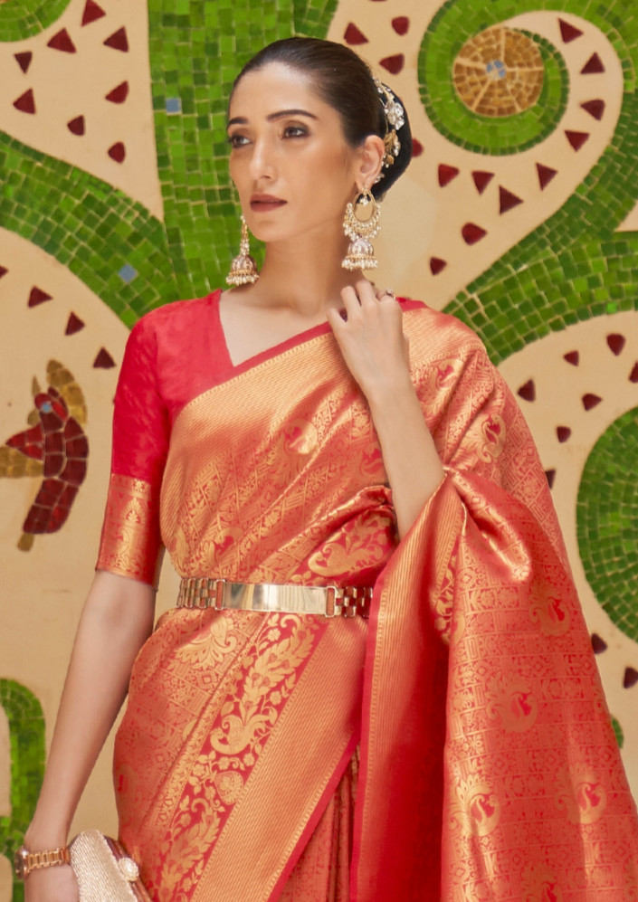 Elegant Orange Silk Handloom weaving saree
