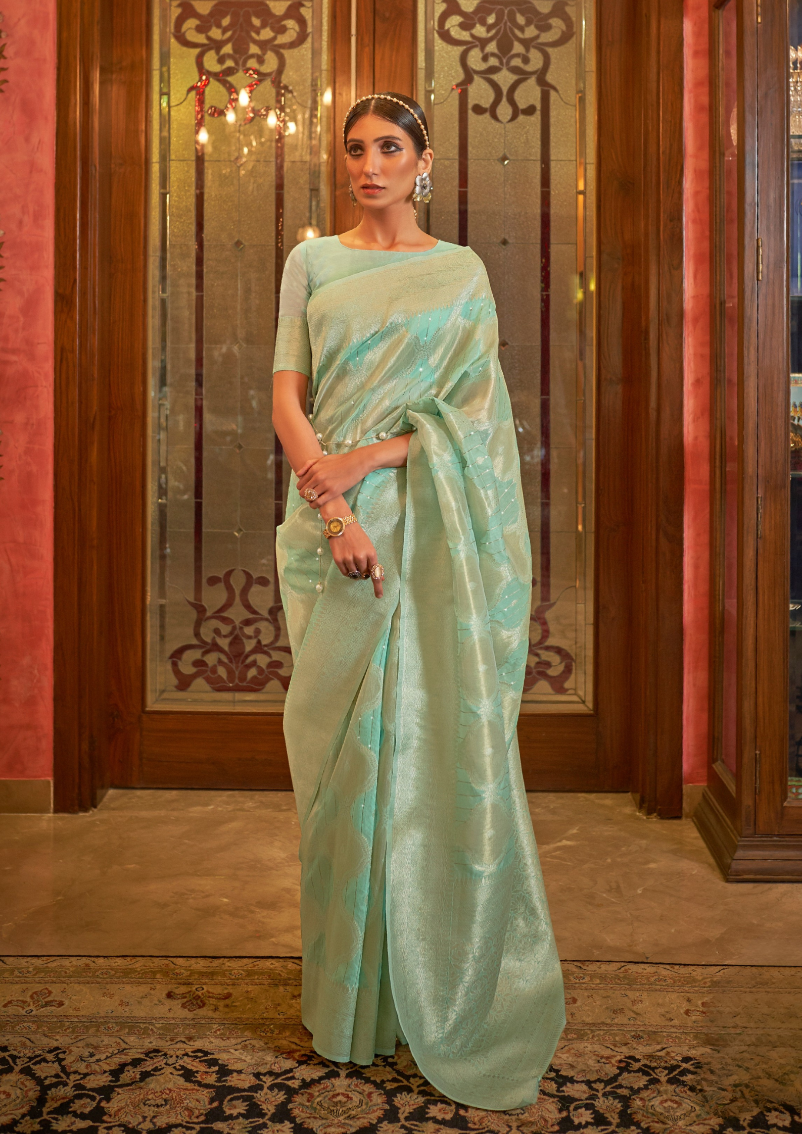 Modal Sequins Value Added Turquoise Silk Saree