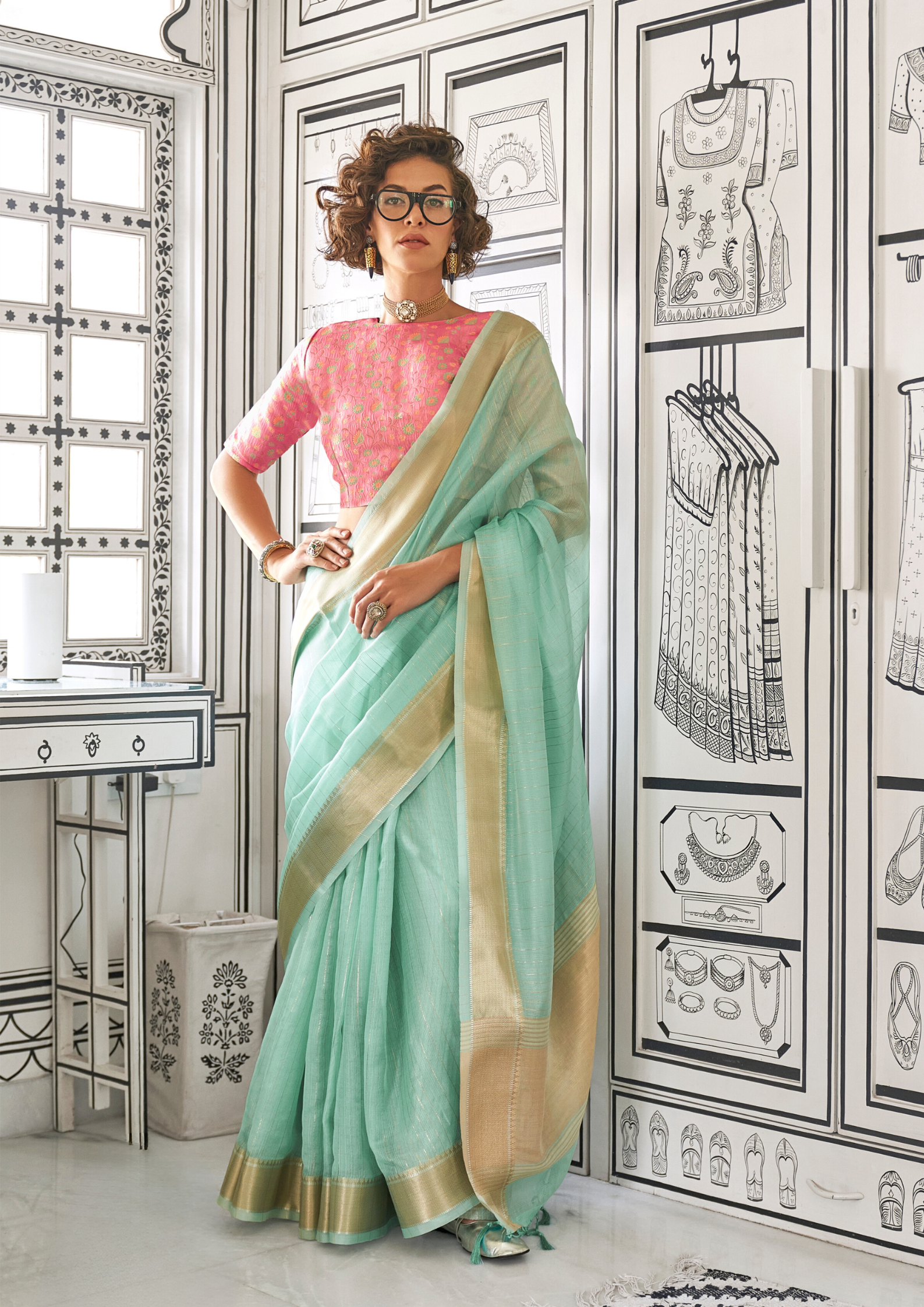 Mint Green Moss Chiffon handloom weaving saree