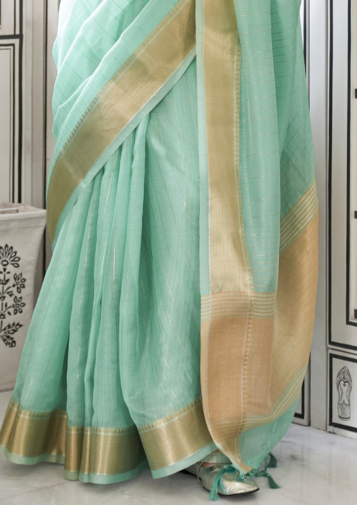 Mint Green Moss Chiffon handloom weaving saree