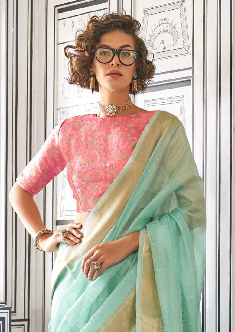 Mint Green Moss Chiffon handloom weaving saree