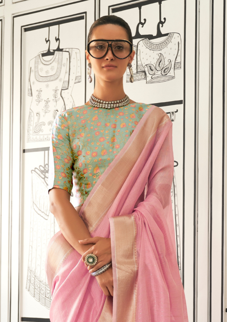 Light Pink Moss Chiffon handloom weaving saree