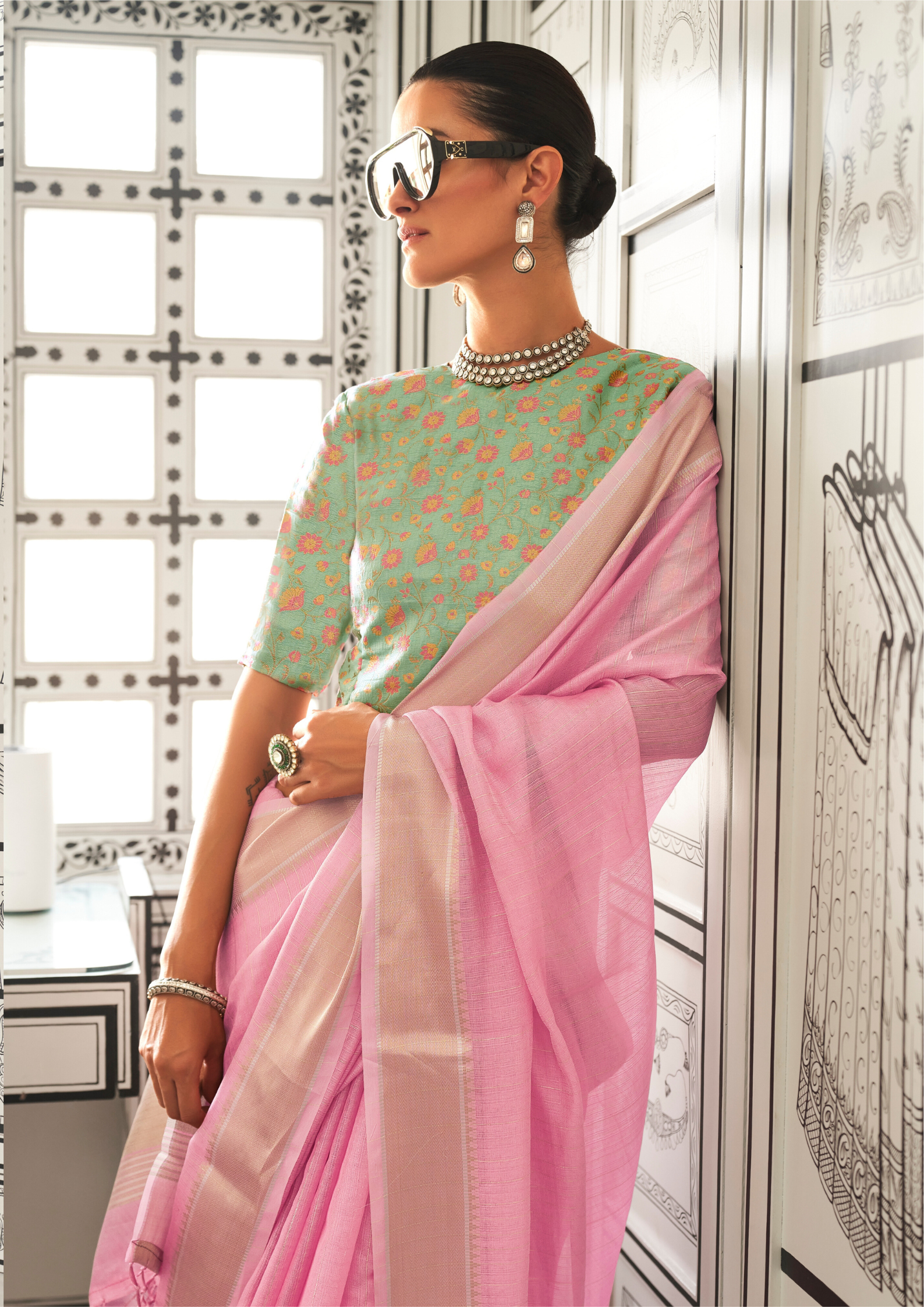 Light Pink Moss Chiffon handloom weaving saree