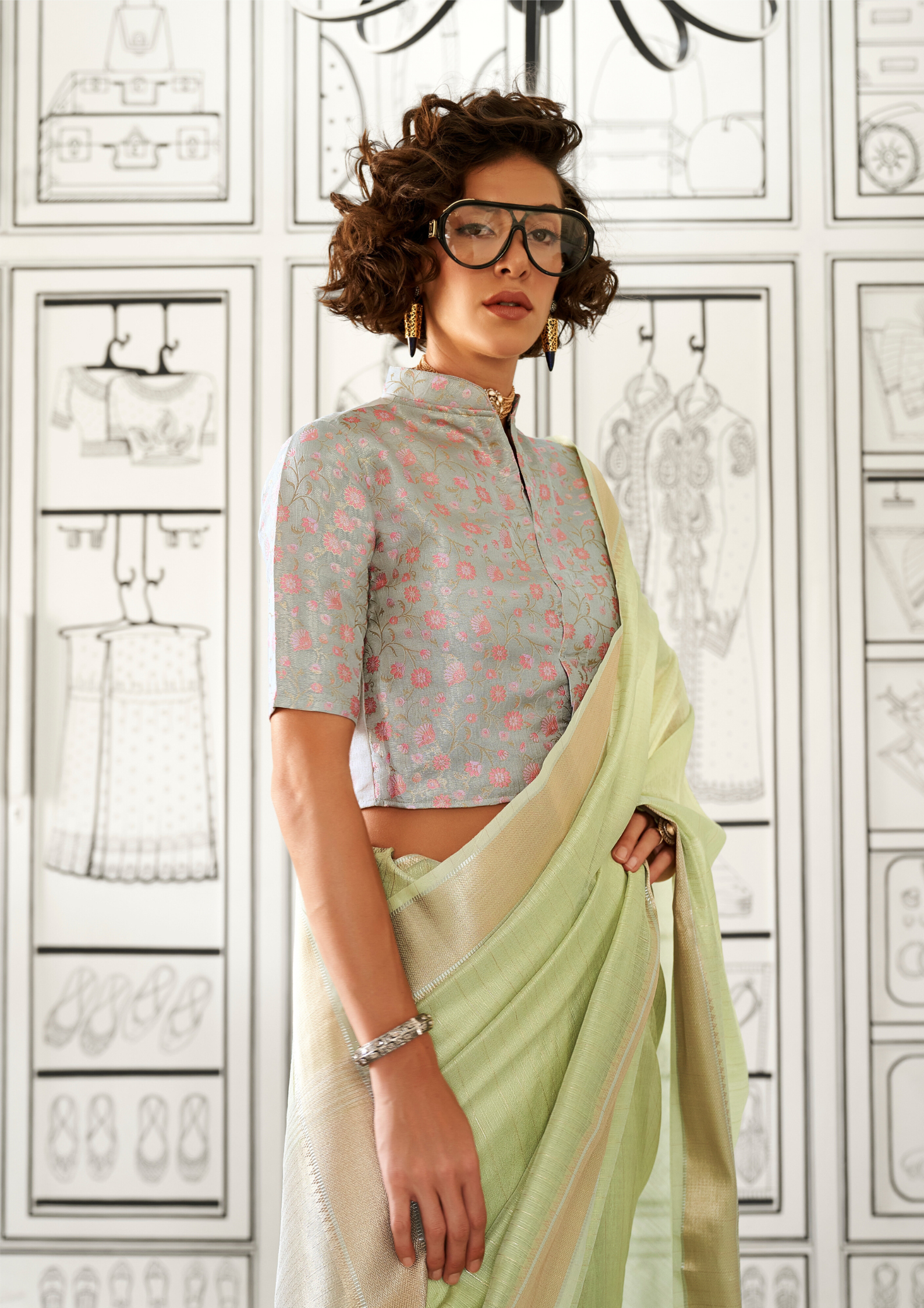 Light Green Moss Chiffon handloom weaving saree