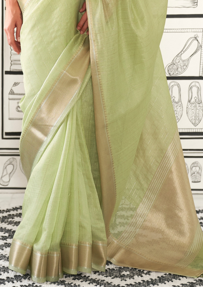 Light Green Moss Chiffon handloom weaving saree