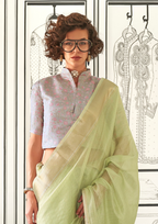 Light Green Moss Chiffon handloom weaving saree