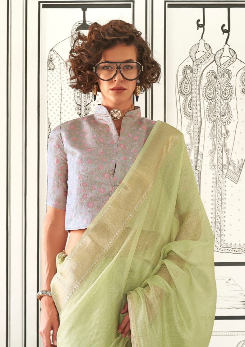 Light Green Moss Chiffon handloom weaving saree