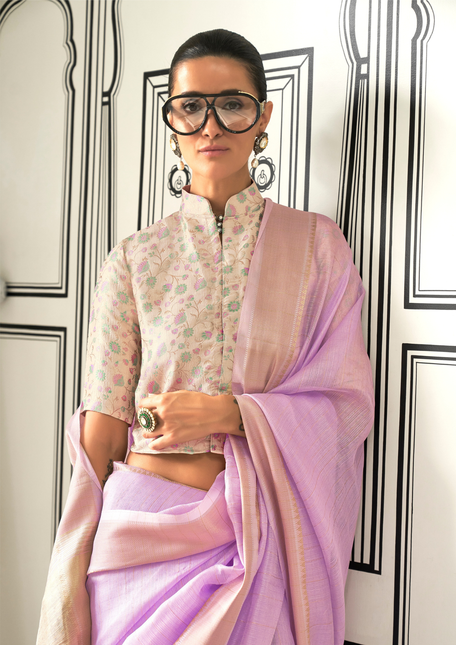 Lilac Moss Chiffon handloom weaving saree