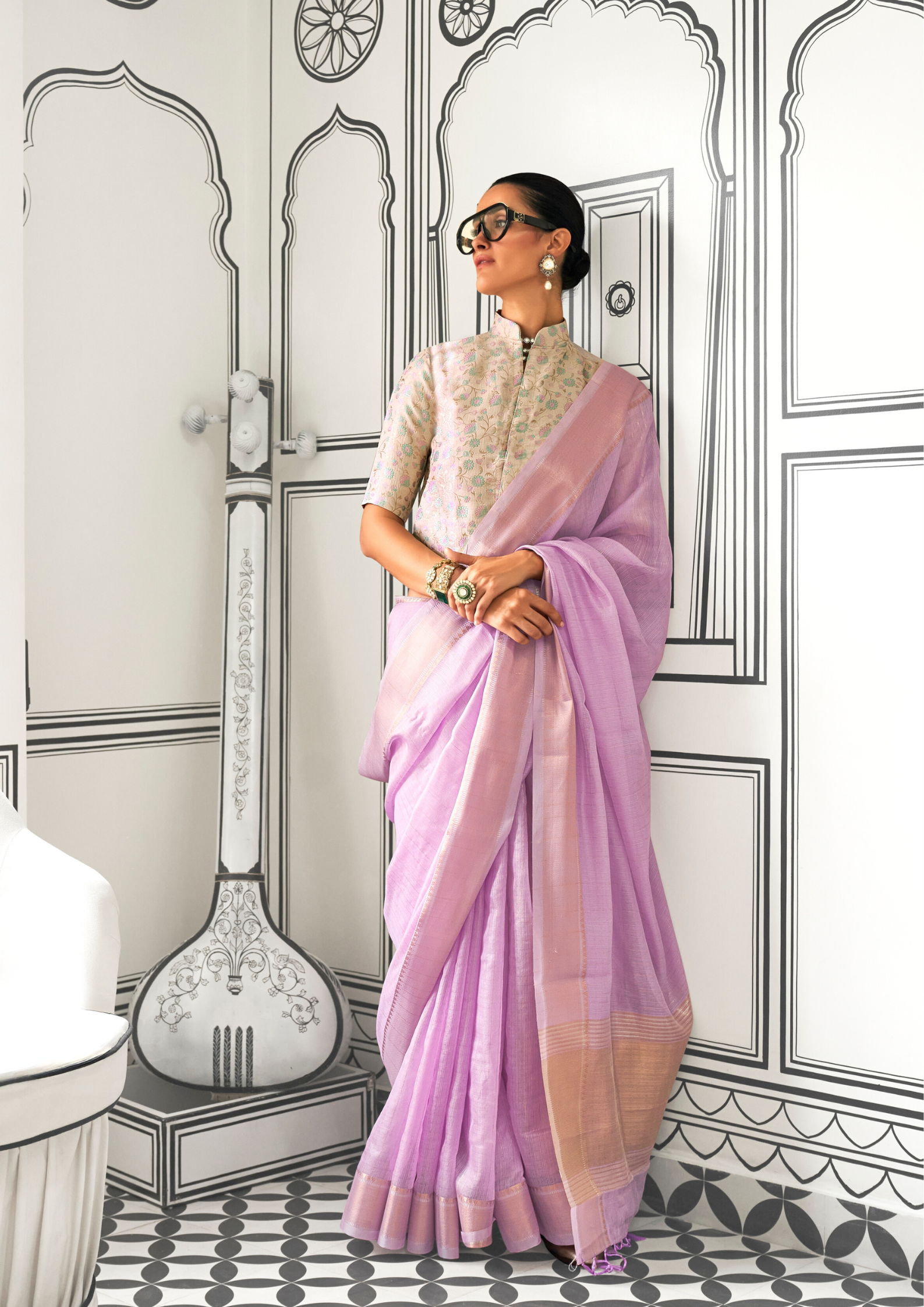 Lilac Moss Chiffon handloom weaving saree