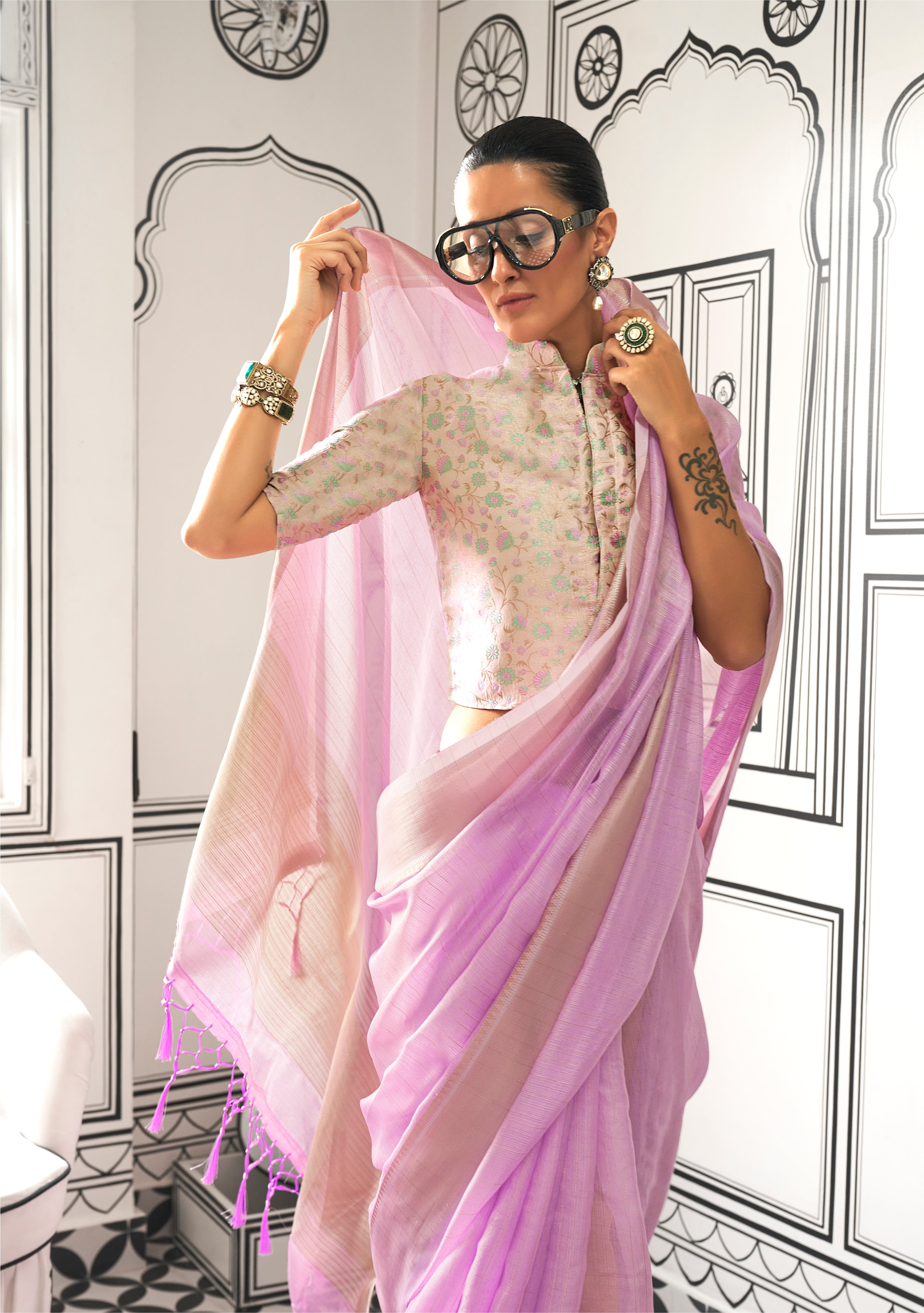 Lilac Moss Chiffon handloom weaving saree