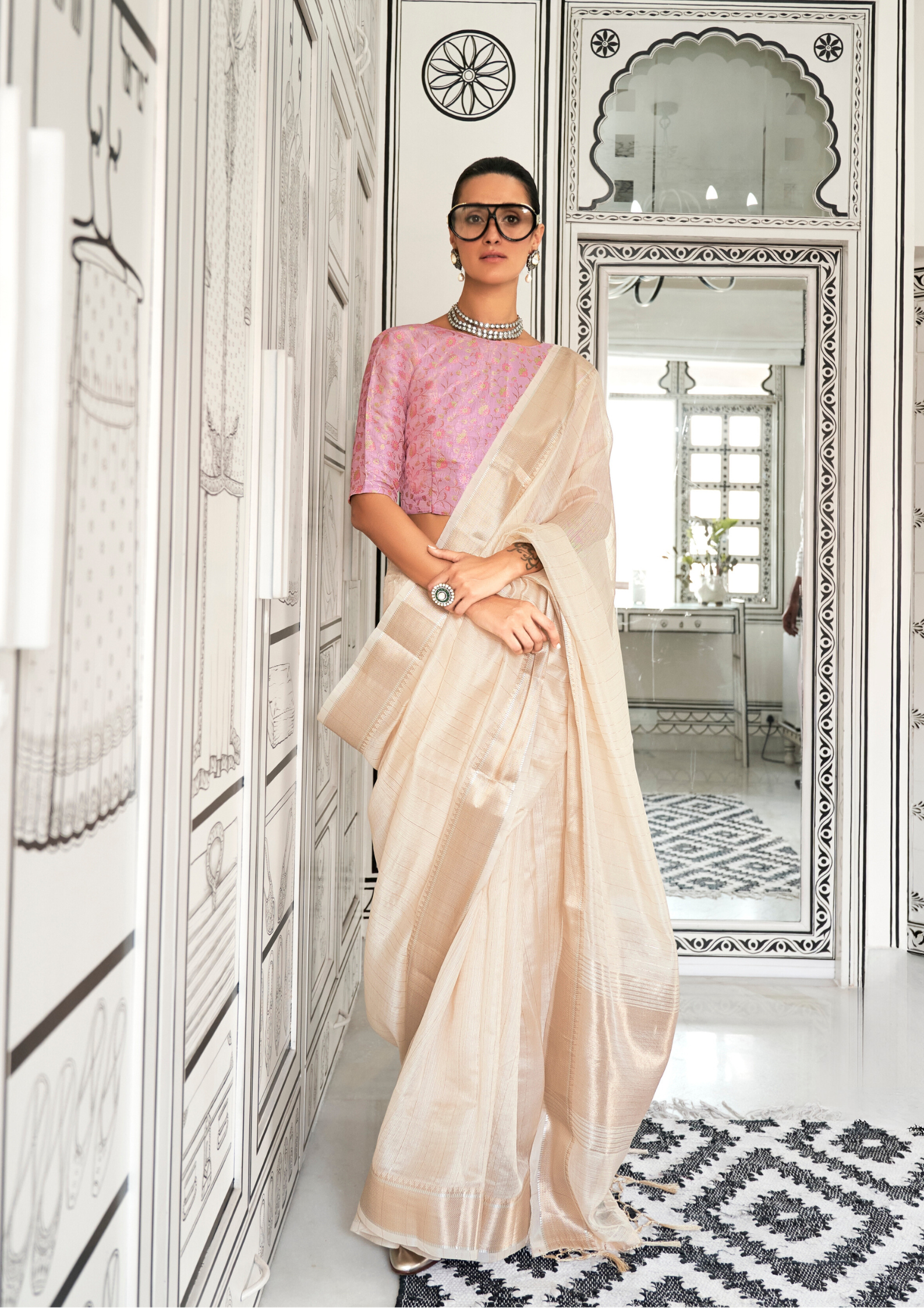 Gold Moss Chiffon handloom weaving saree