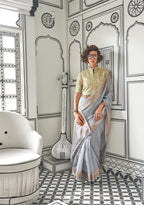 Gray Moss Chiffon handloom weaving saree