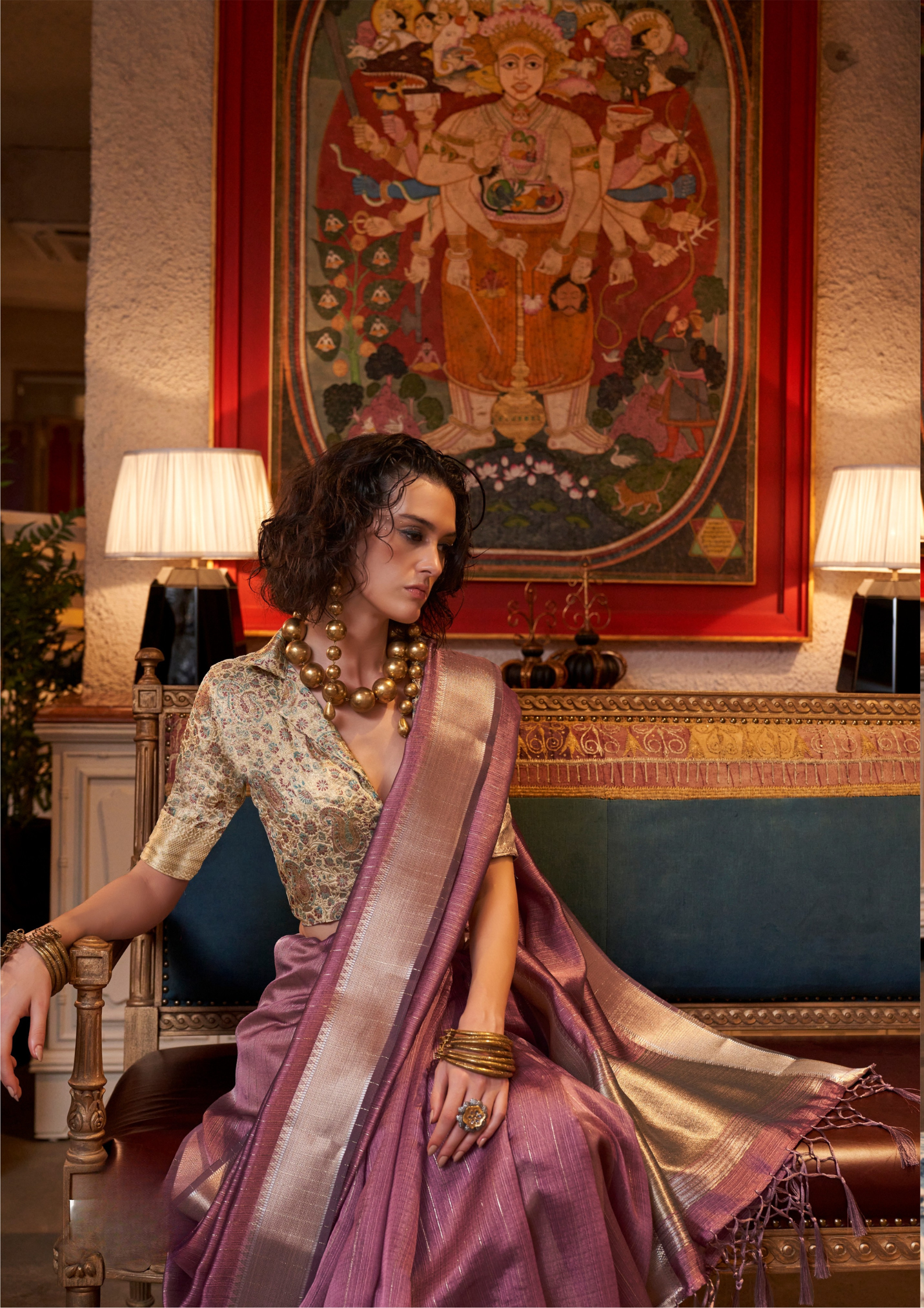 Pink moss chiffon handloom weaving saree