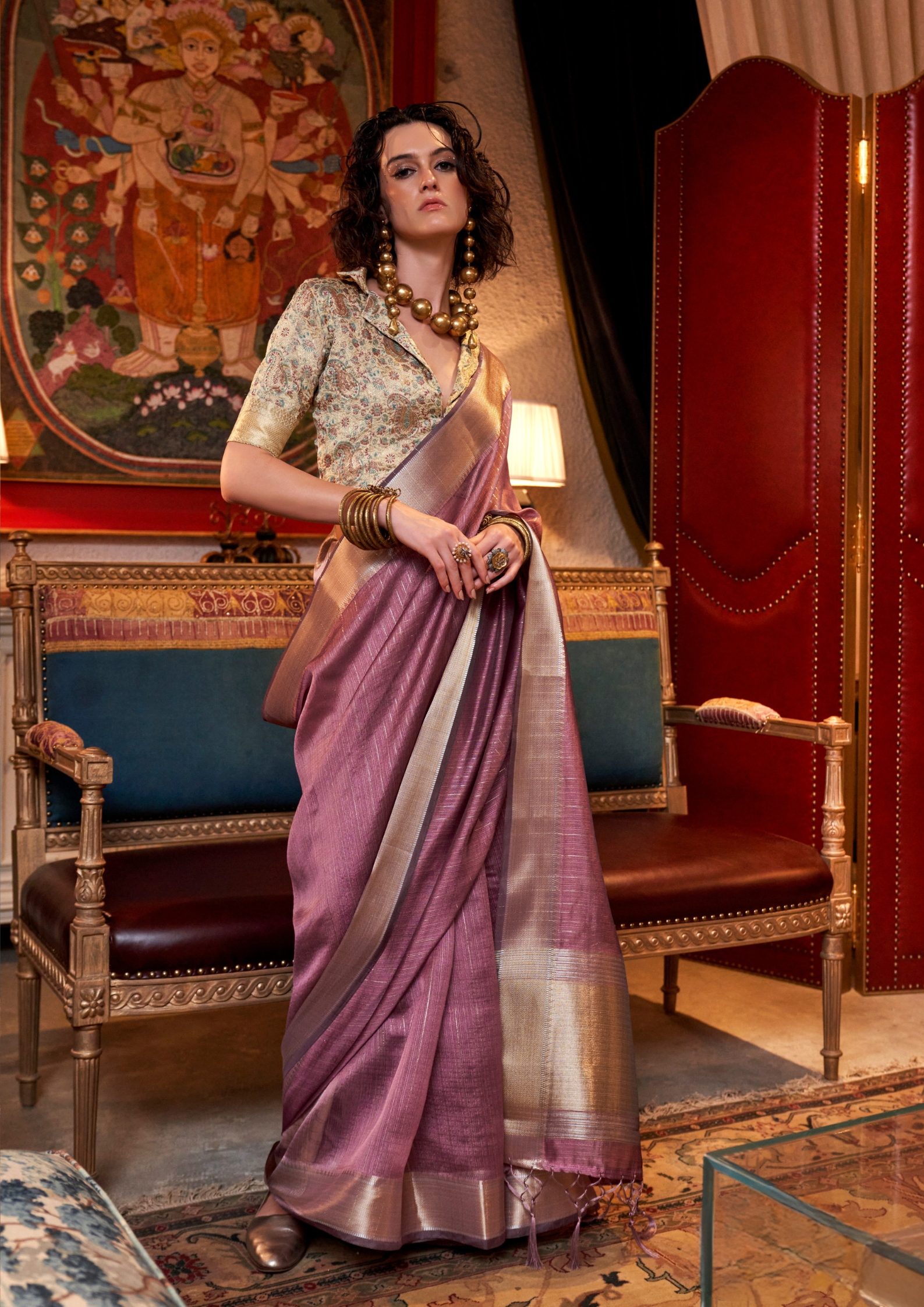 Pink moss chiffon handloom weaving saree