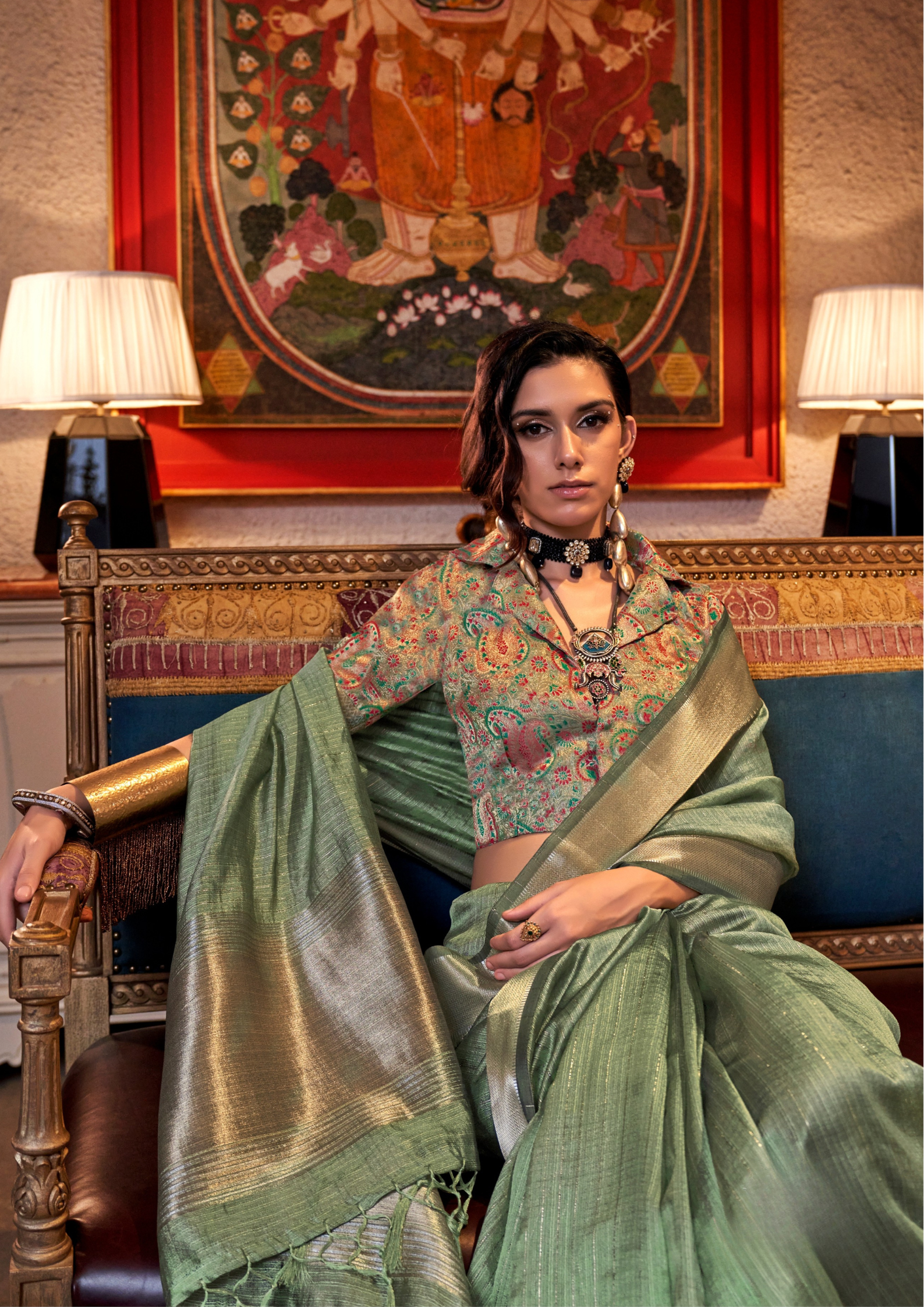 Green moss chiffon handloom weaving saree