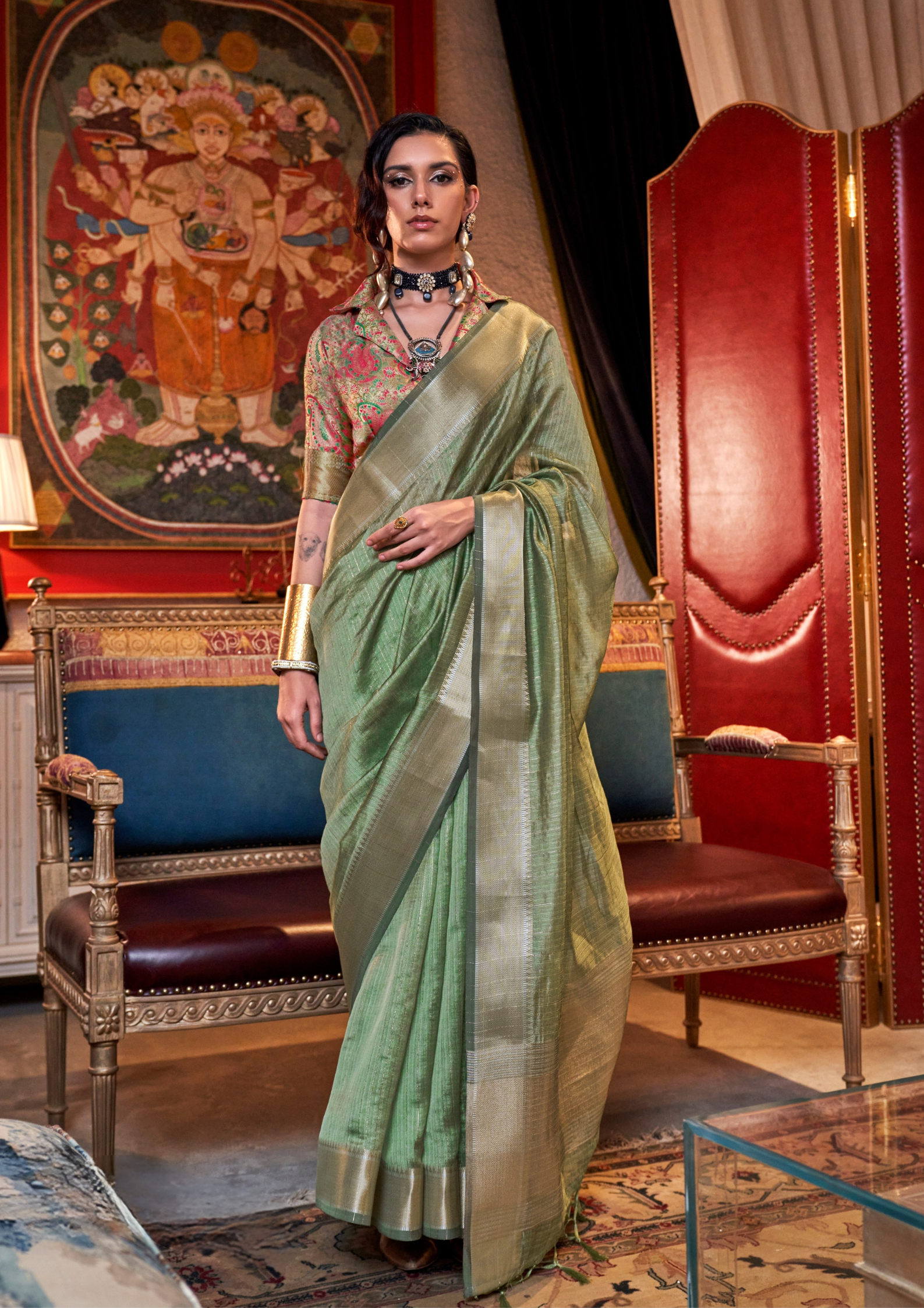 Green moss chiffon handloom weaving saree