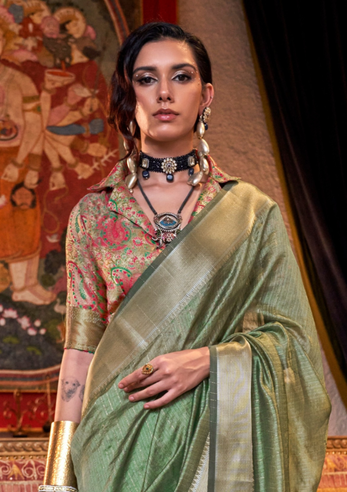 Green moss chiffon handloom weaving saree