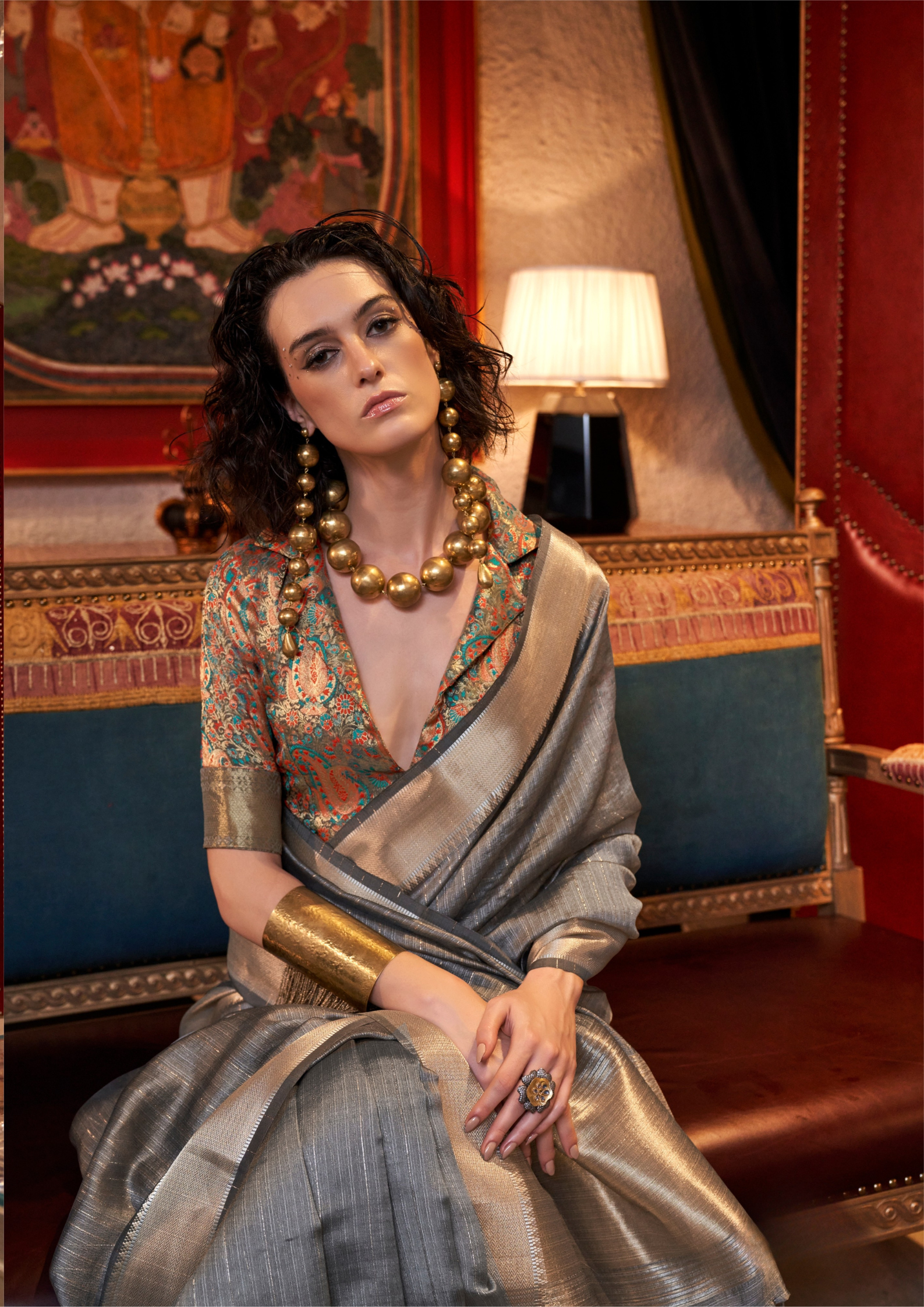 Grey moss chiffon handloom weaving saree