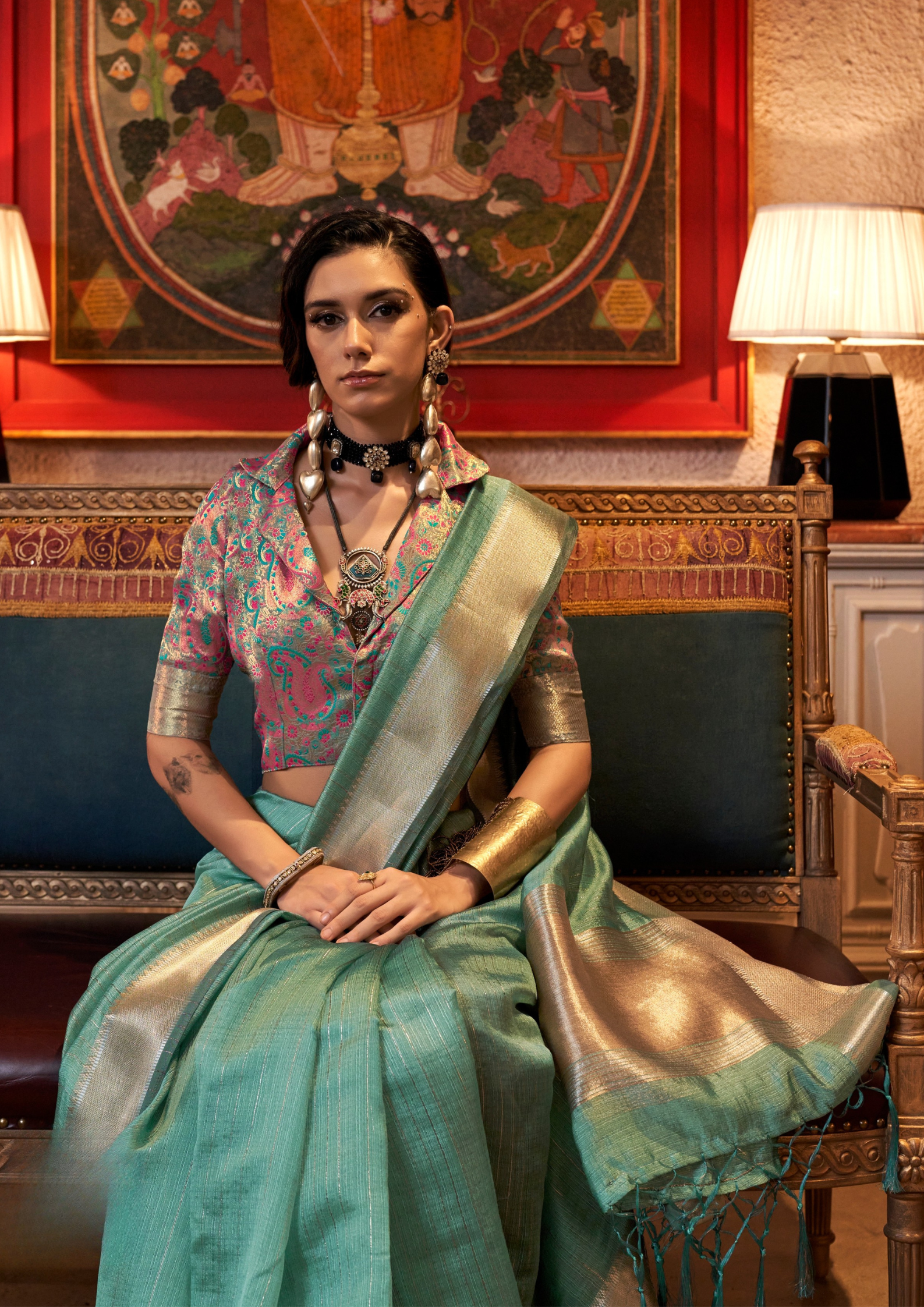 Emerald Green moss chiffon handloom weaving saree