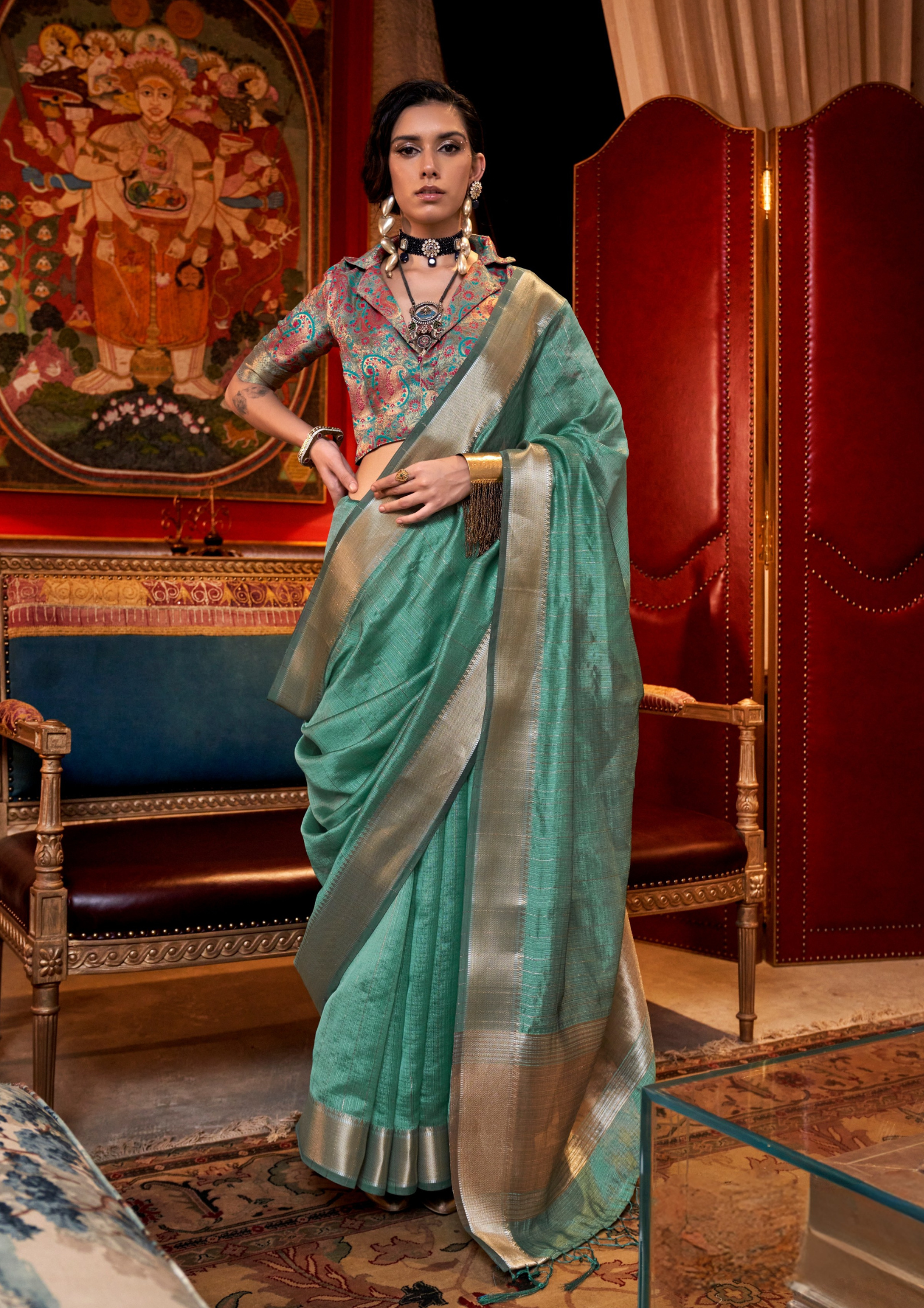 Emerald Green moss chiffon handloom weaving saree