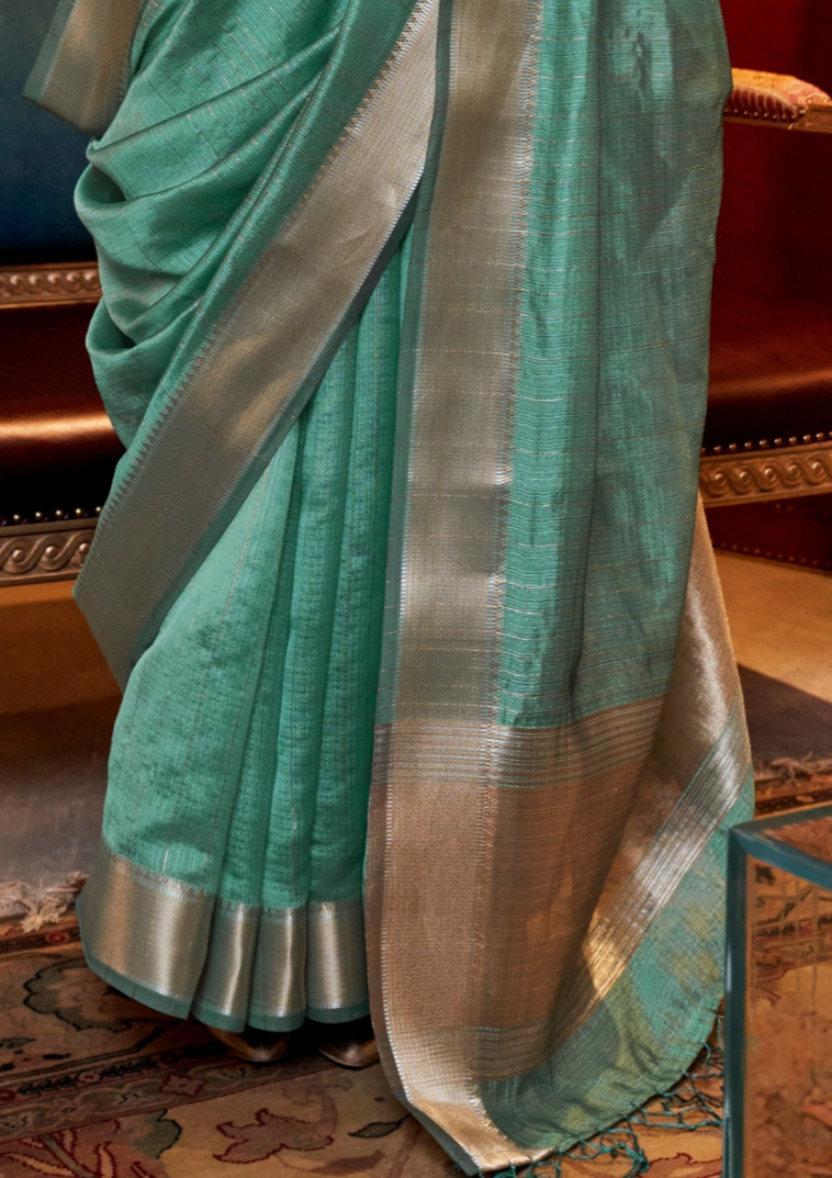 Emerald Green moss chiffon handloom weaving saree