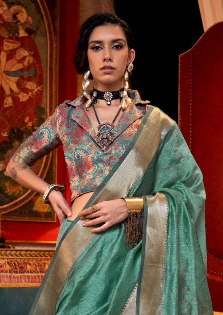 Emerald Green moss chiffon handloom weaving saree