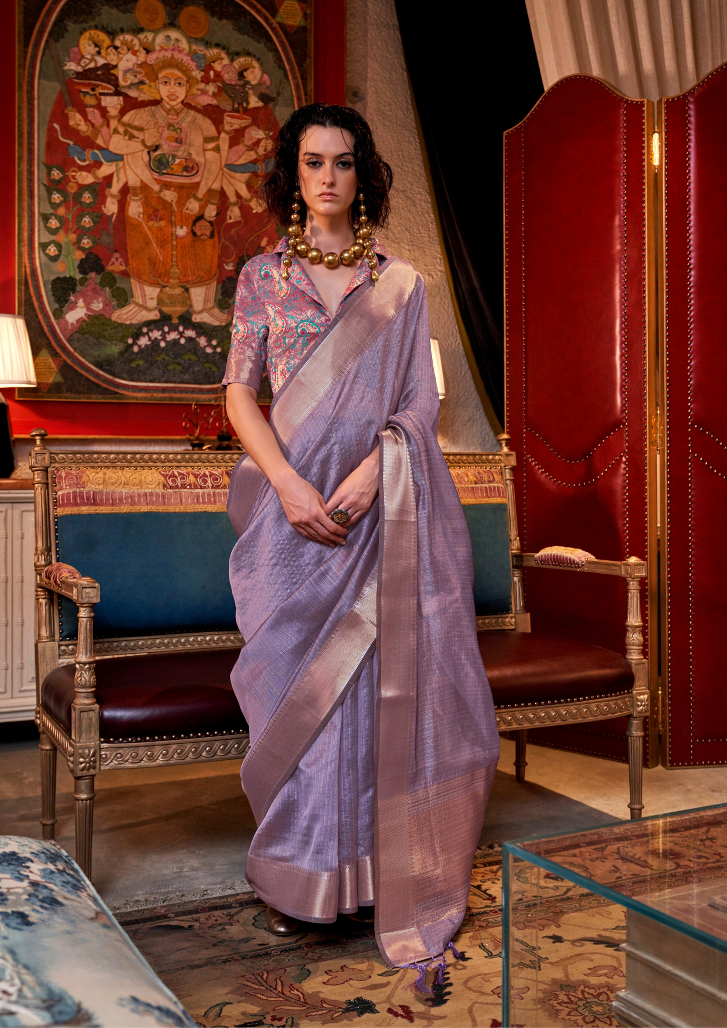 Purple moss chiffon handloom weaving saree