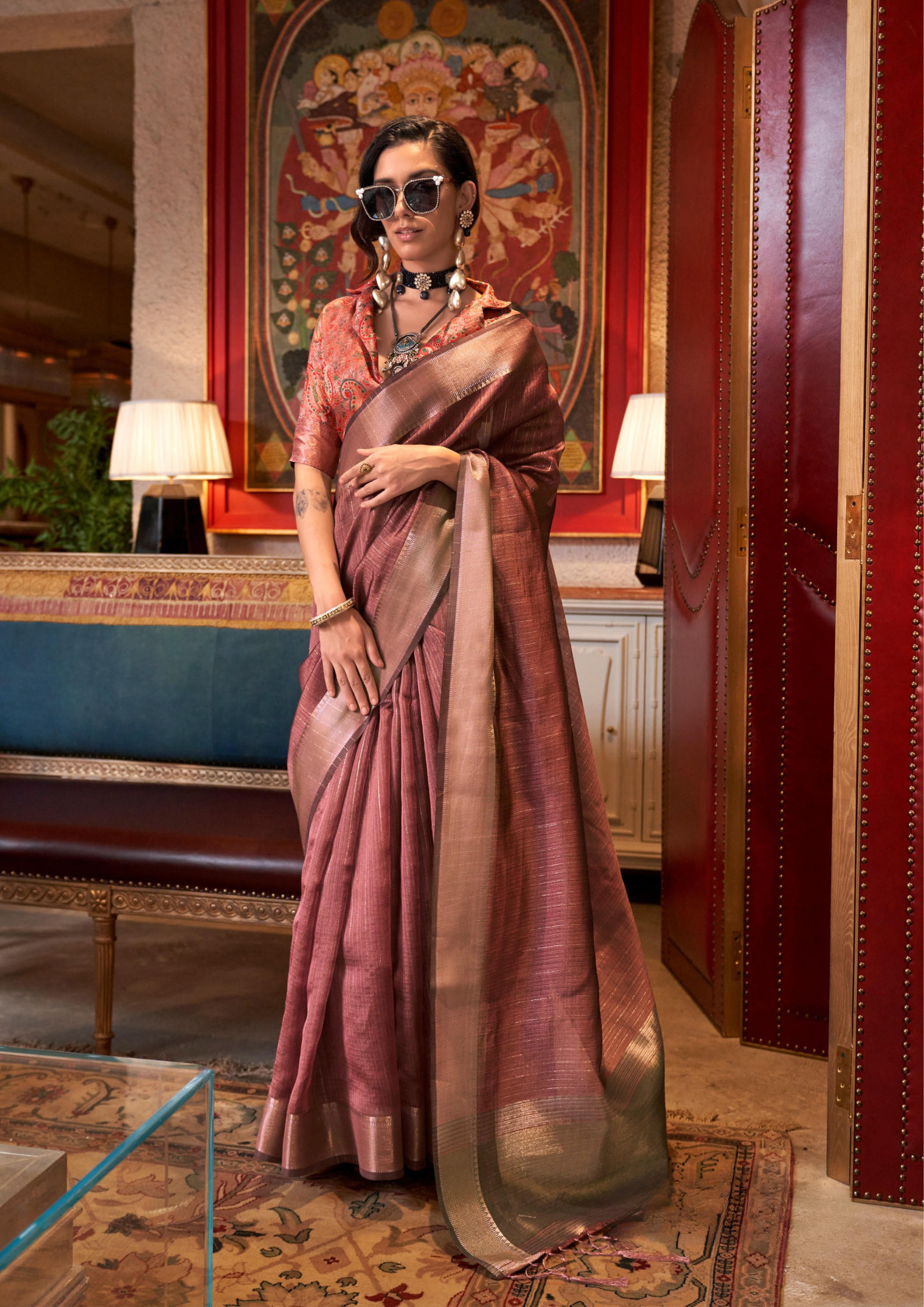Brick Red moss chiffon handloom weaving saree