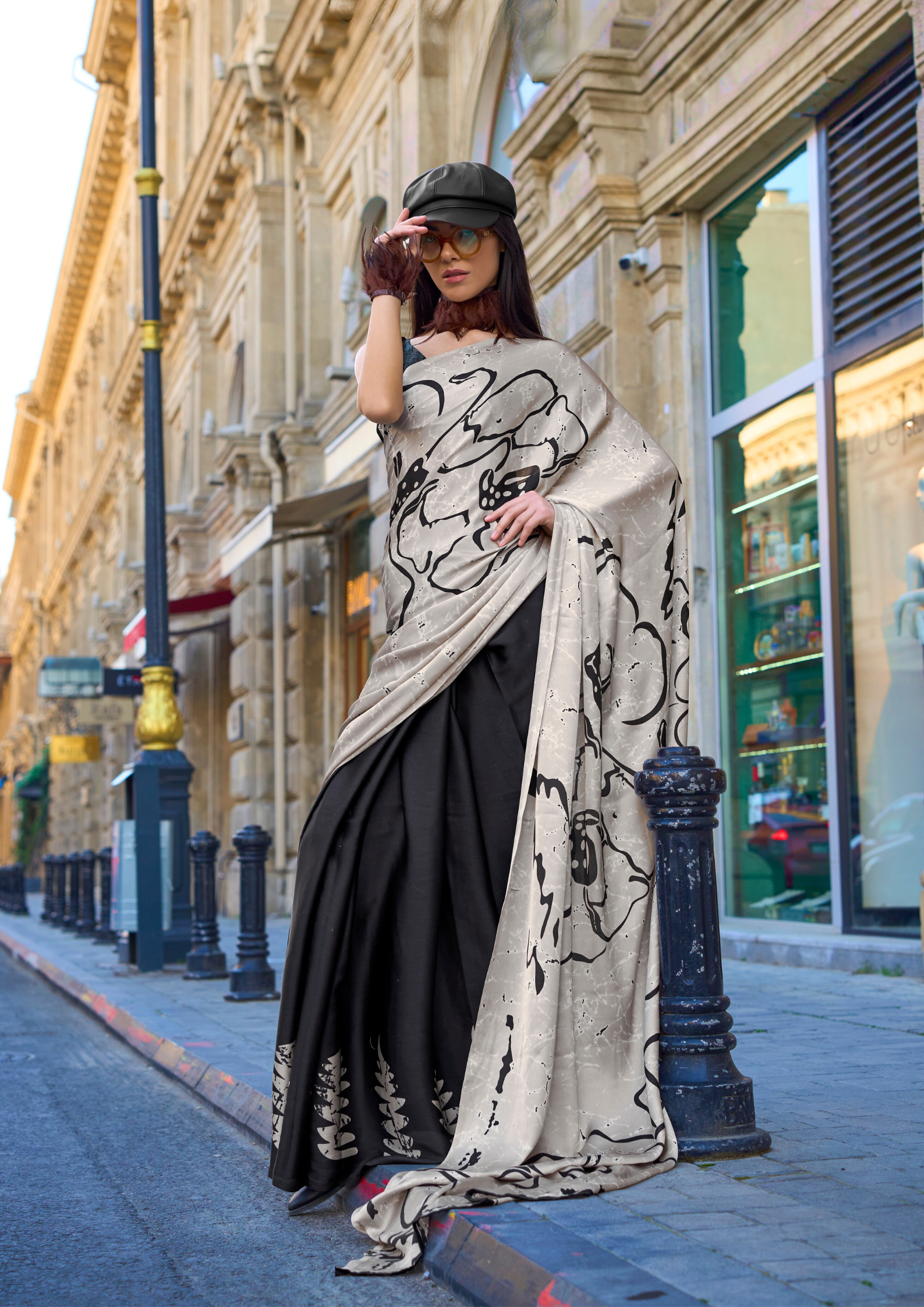 Light Base with Black Print Satin Crepe Saree