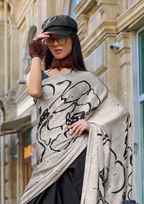 Light Base with Black Print Satin Crepe Saree