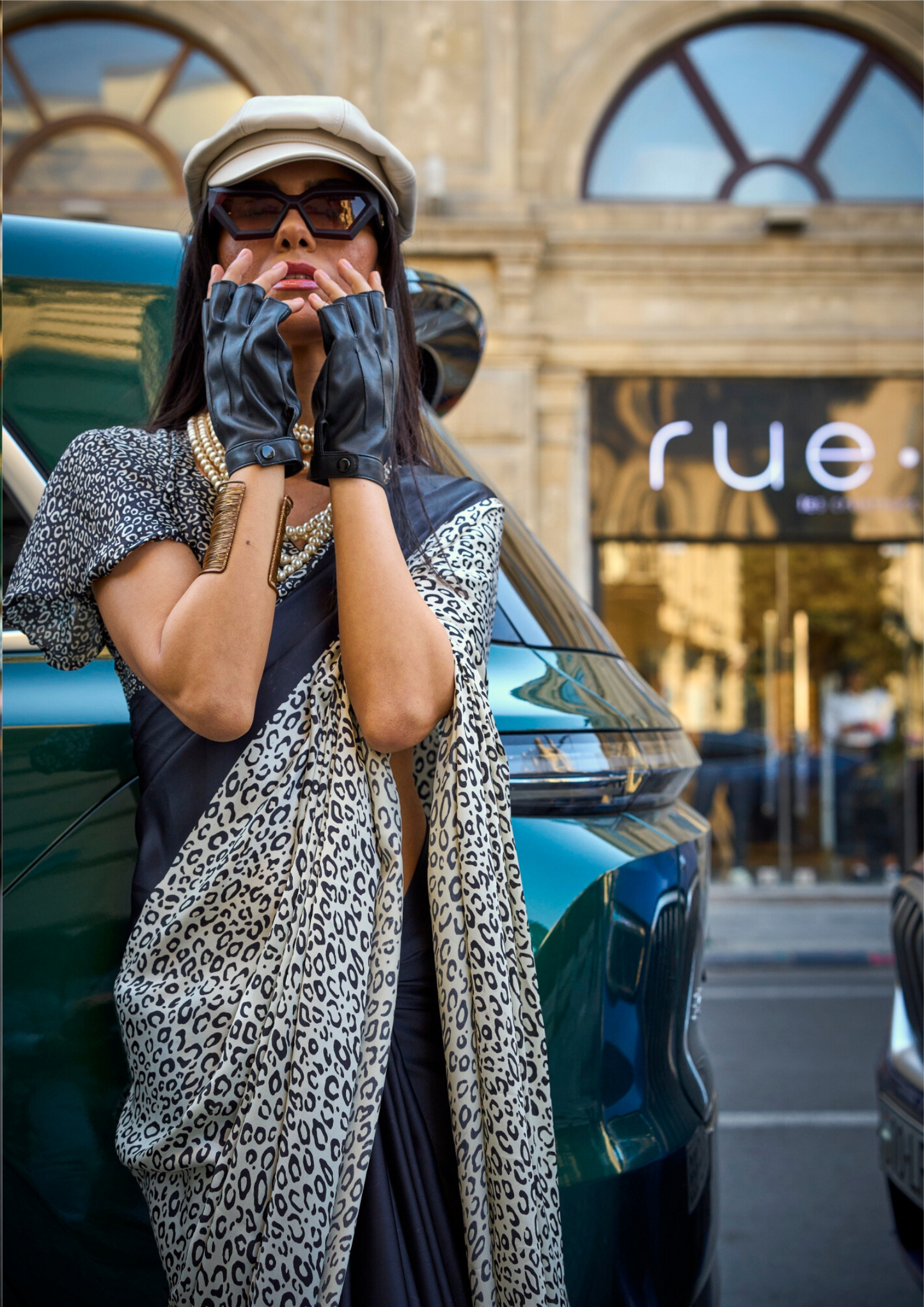 Black and White Leopard Print Satin Crepe Saree