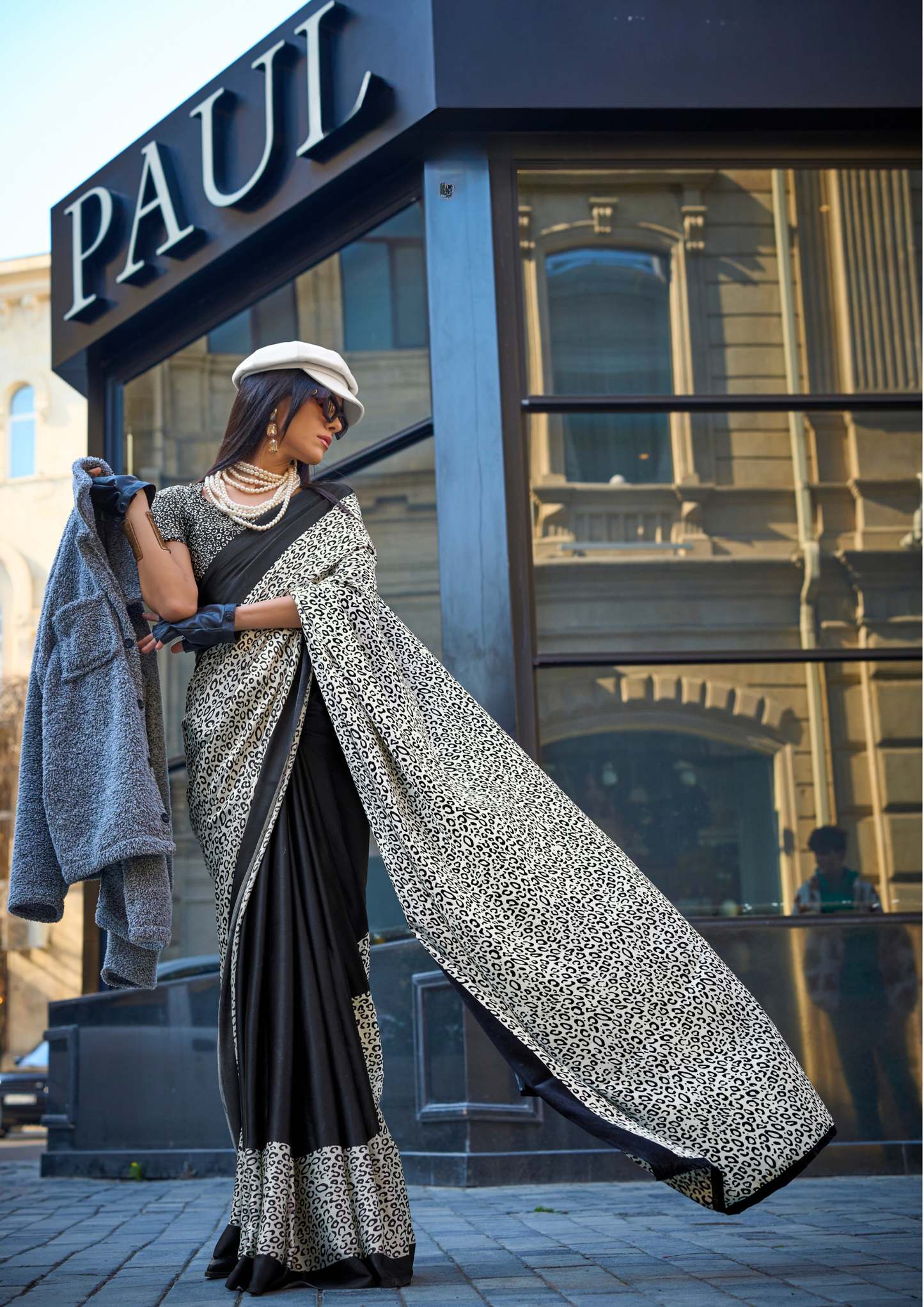 Black and White Leopard Print Satin Crepe Saree