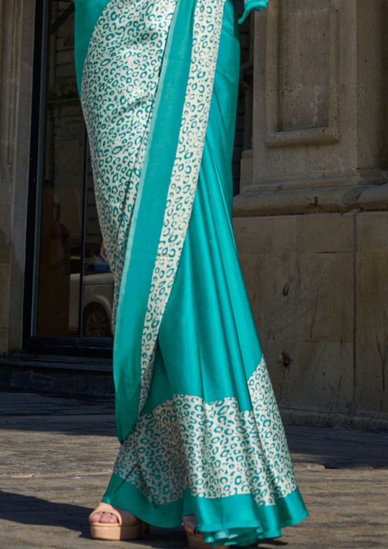Turqoise Leopard Print Satin Crepe Saree