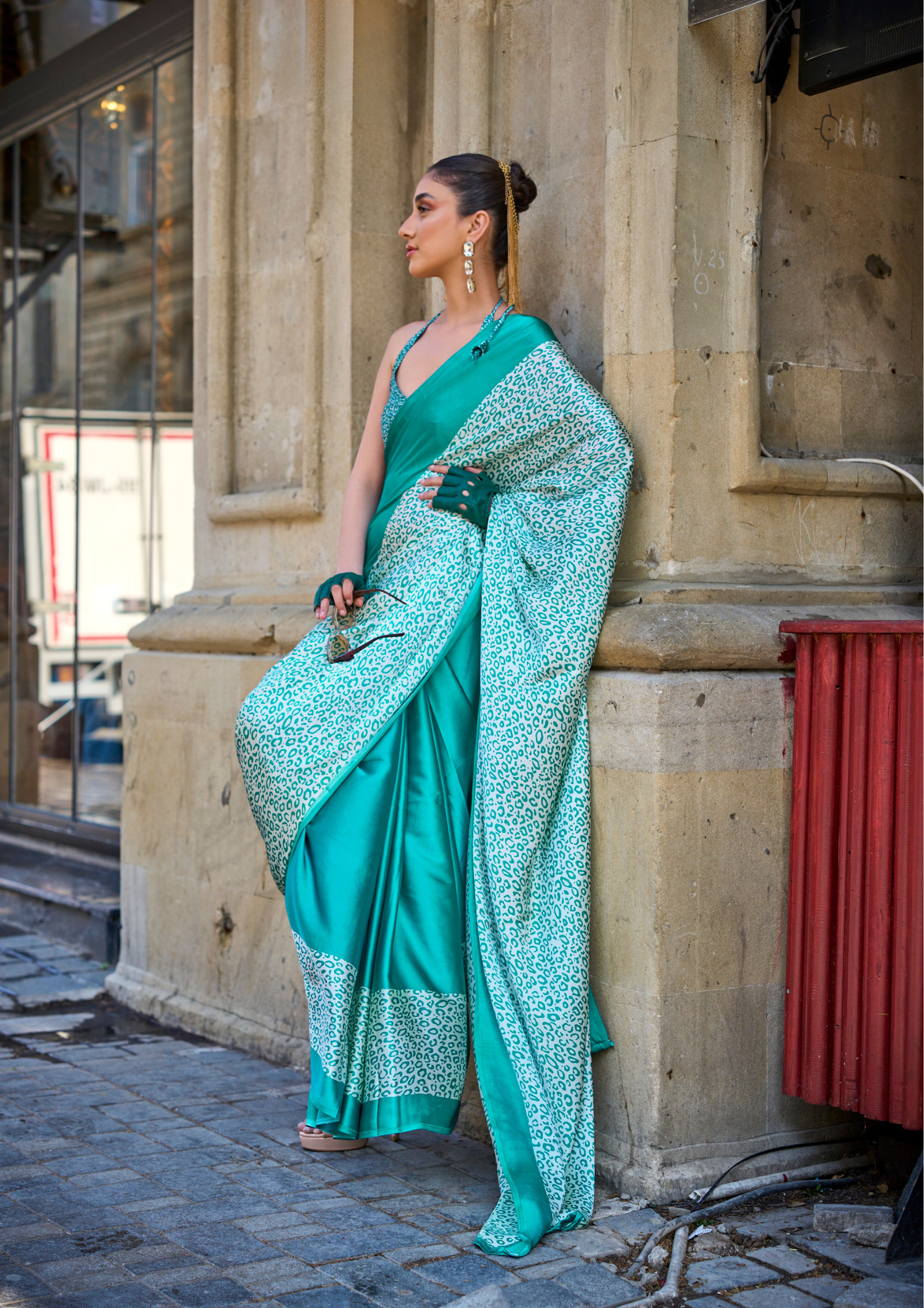 Turqoise Leopard Print Satin Crepe Saree