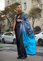 Shade of Blue Floral Print Satin Crepe Saree