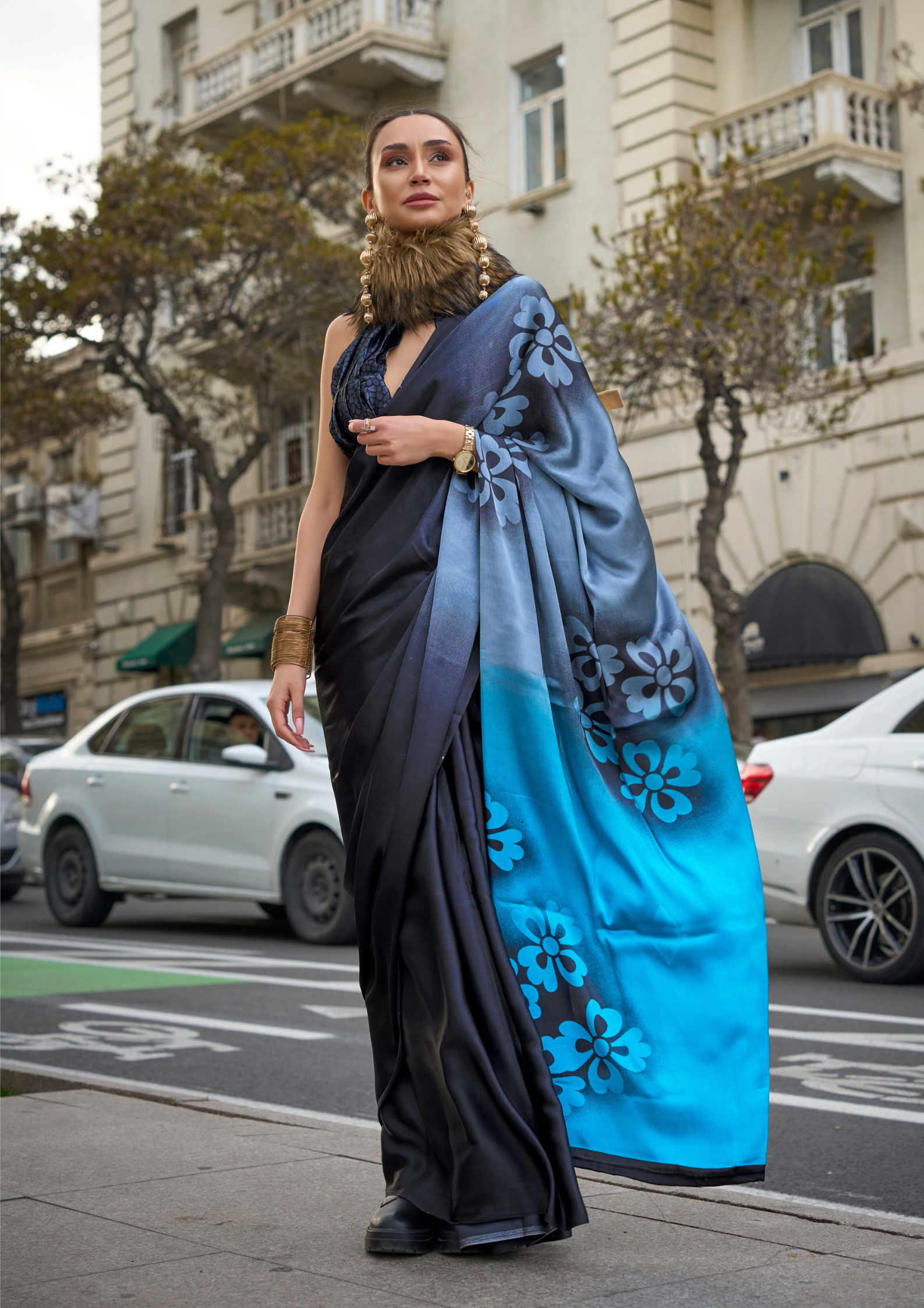 Shade of Blue Floral Print Satin Crepe Saree