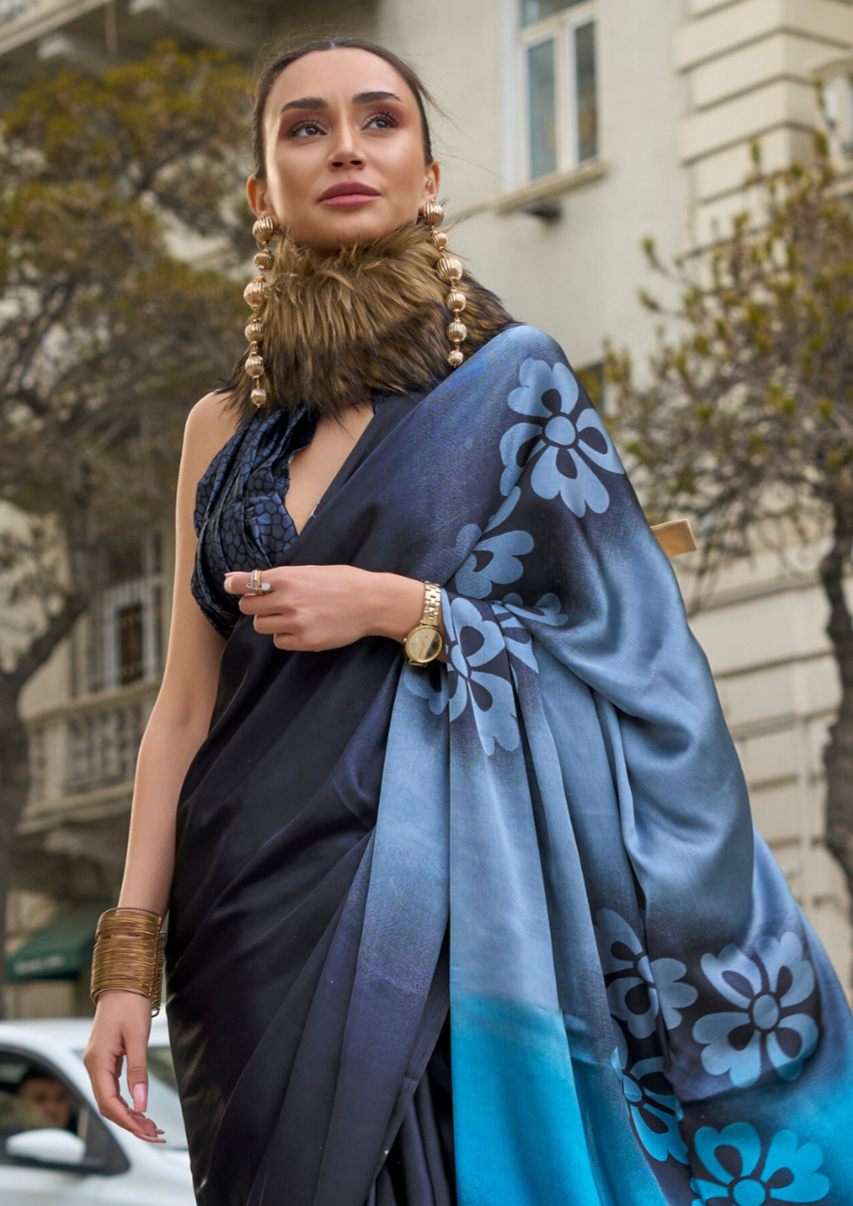 Shade of Blue Floral Print Satin Crepe Saree