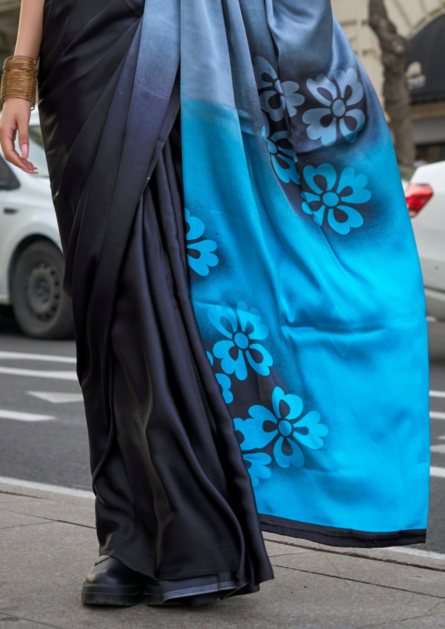Shade of Blue Floral Print Satin Crepe Saree